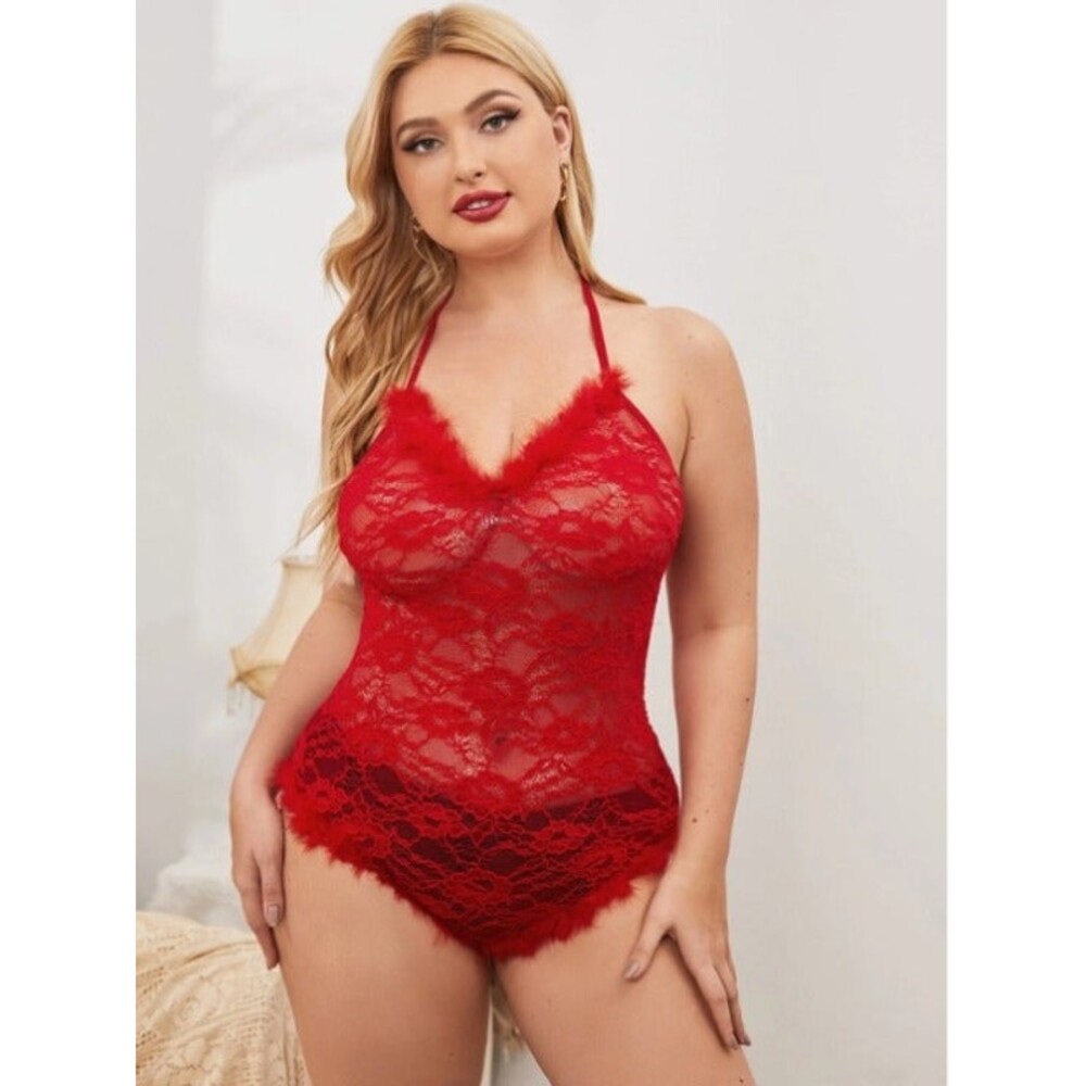 16 Plus (2X) Red Faux Fur Trim - Floral Lace - High Stretch Teddy Bodysuit